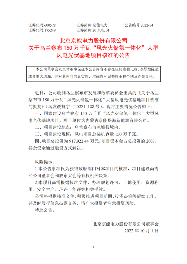 京能電力150萬千瓦“風(fēng)光火儲氫”基地獲批！